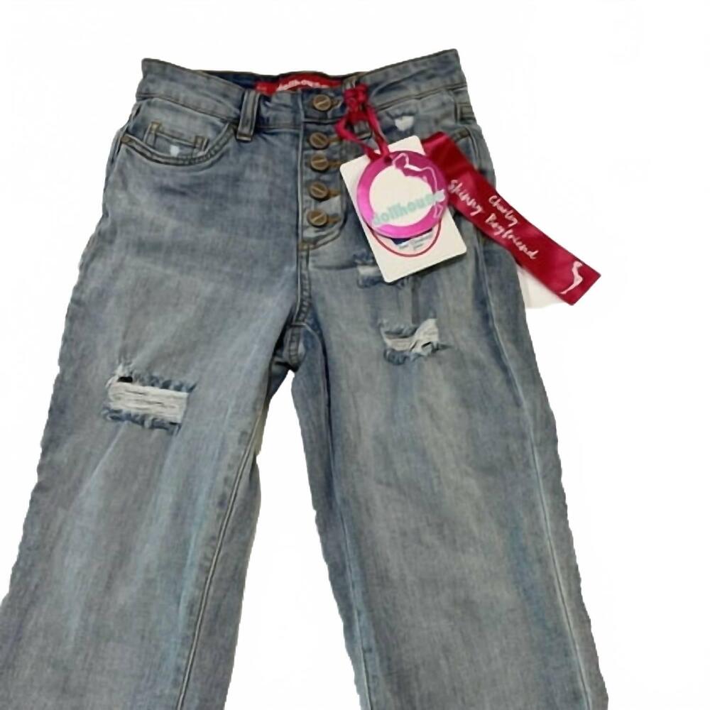 NEW DOLLHOUSE women's roll-cuff button-fly distressed boyfriend jeans in blue de